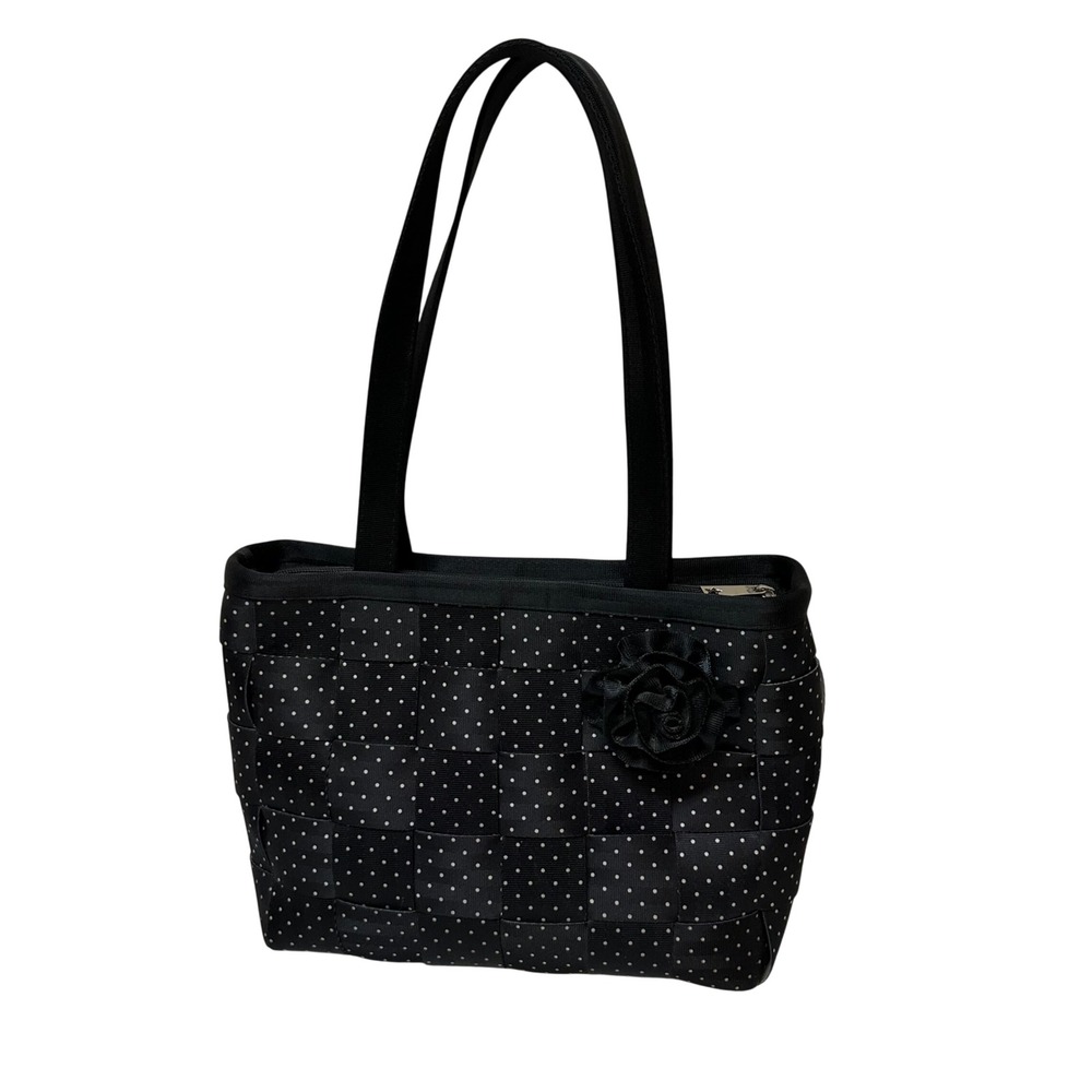 Harveys SeatbeltBag Black Polka Dot Woven Tote Bag with Rose Detail Made in USA